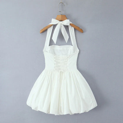 Bow Halter Slash Collar Lacing-Up Back Mini Dress
