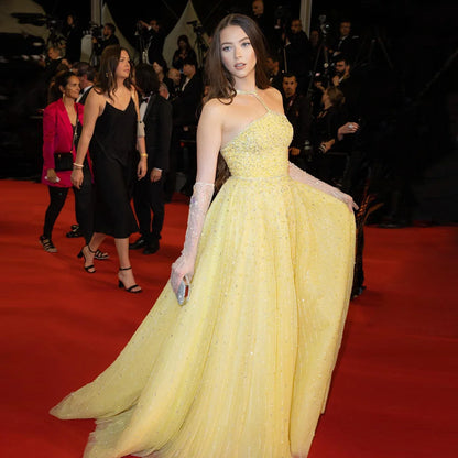 Beaded Yellow Halter Evening Dress with Gloves