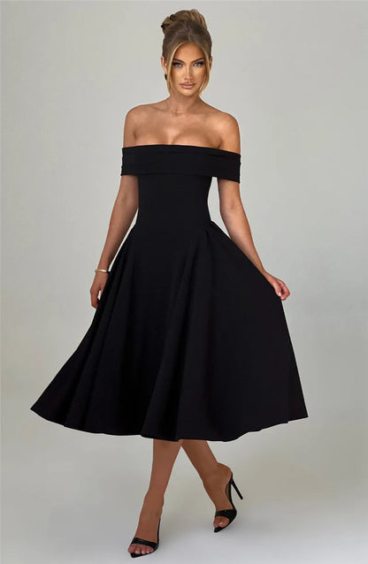 Off-Shoulder Flare Midi Dress