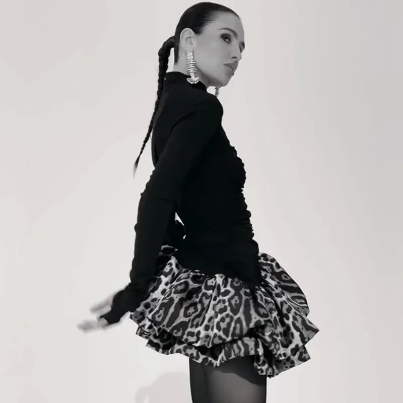 Turtleneck Patchwork Print Polka Dot Mini Dress