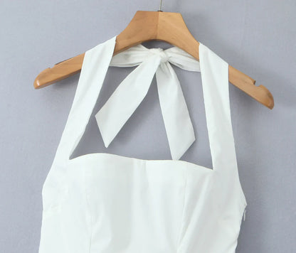 Bow Halter Slash Collar Lacing-Up Back Mini Dress