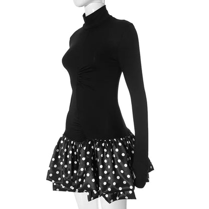Turtleneck Patchwork Print Polka Dot Mini Dress