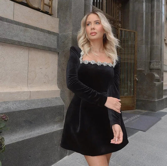 Black Rhinestone Velvet Mini Dress