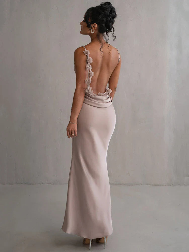 3D Flower Draped Open Back Maxi Dress