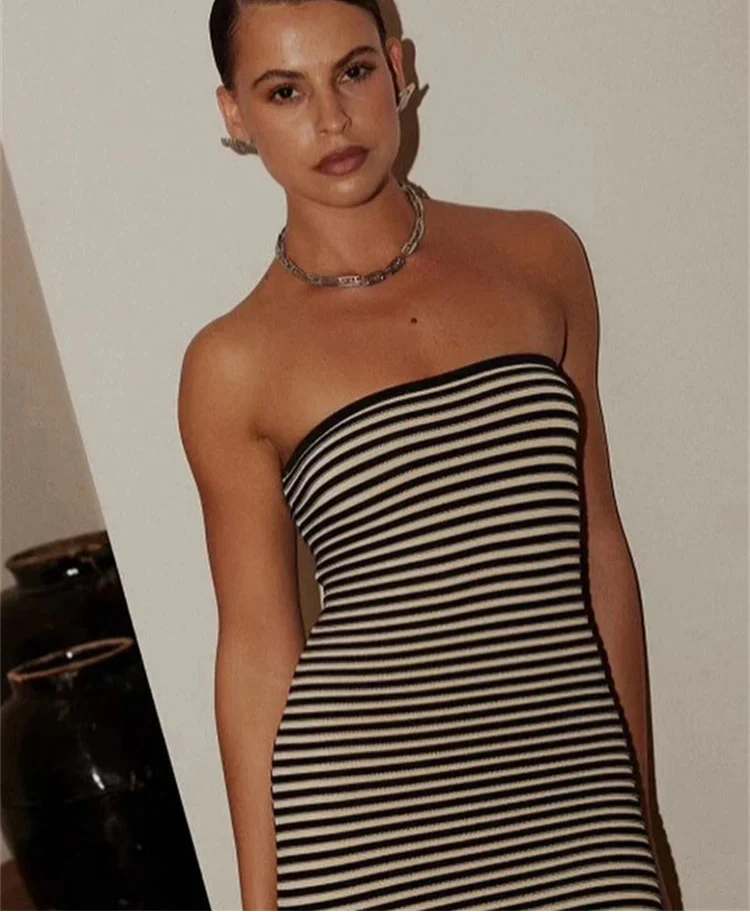 Knitted Striped Strapless Maxi Dress