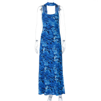 Halter Backless Blue Printed Lace-up Long Dress