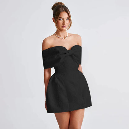 Bow Off Shoulder Backless A-line Jacquard Party Dress