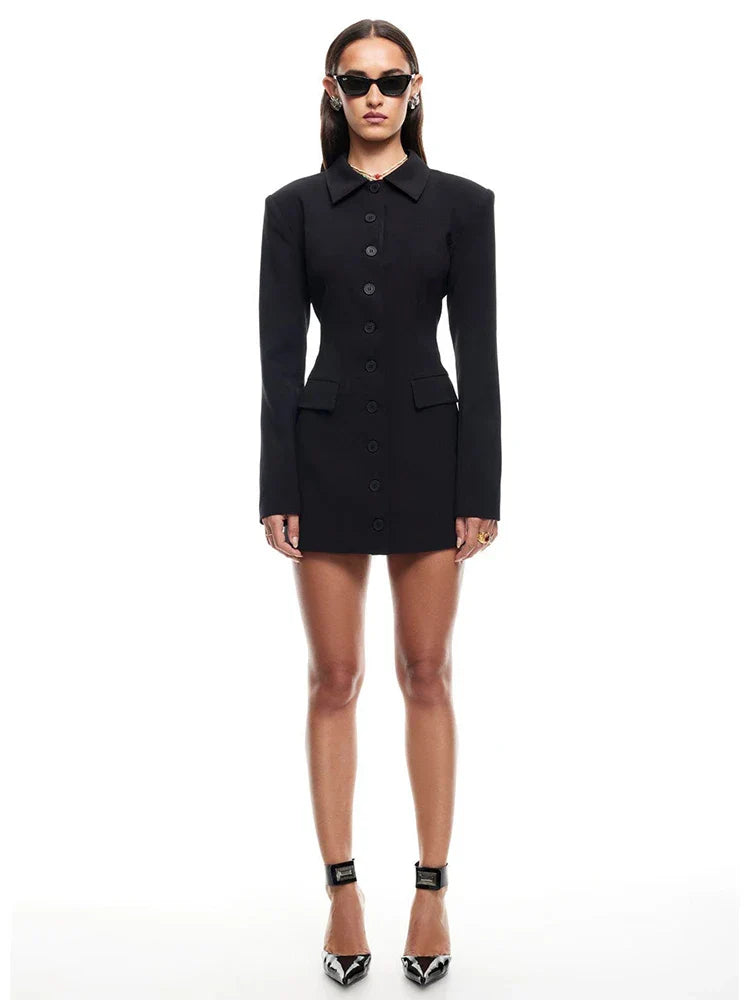 Long Sleeve Lapel Two Pocket Office Lady Blazer Dress