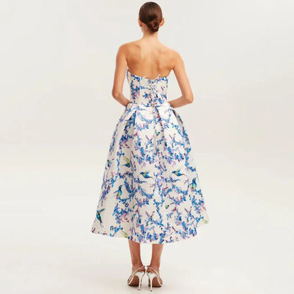 Floral printed strapless back tied rope dress