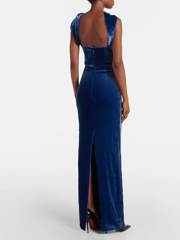 Blue Velvet Halter Sleeveless Maxi Dress