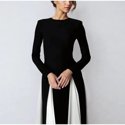 Pleated Patchwork Long Sleeve  Maxi Dress