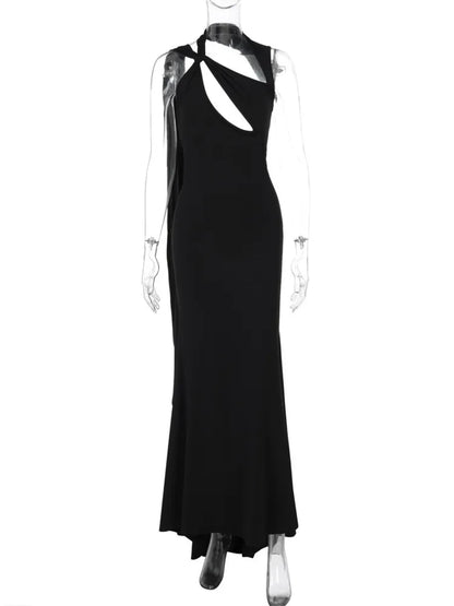 Hollow Out Sleeveless Black Maxi Dress