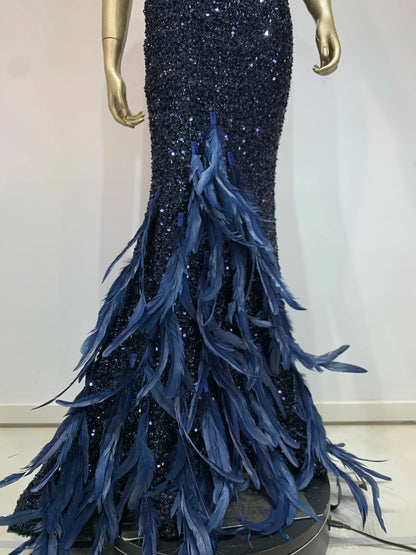 Mesh Sequins Blue Feather Long Dress
