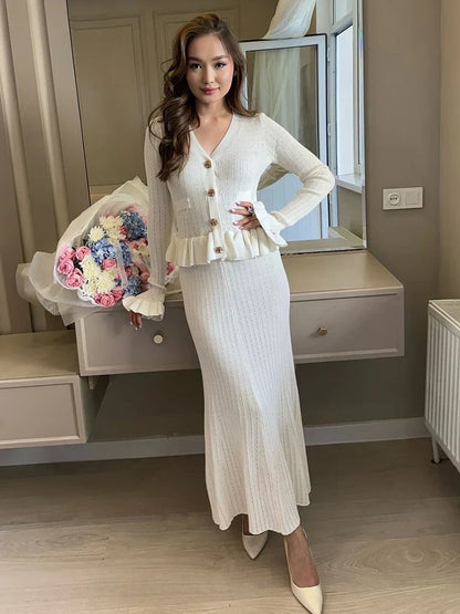 Ruffle Knitted Long Sleeve Mermaid Midi Dress