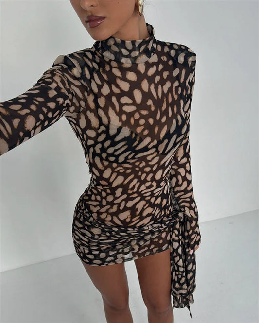 Mesh Leopard Print Turtleneck Mini Dress