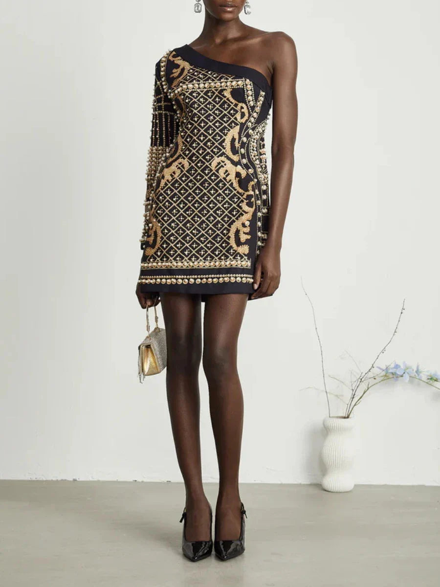 Printed Diagonal Neck Off One-Shoulder Patchwork Bead Dress