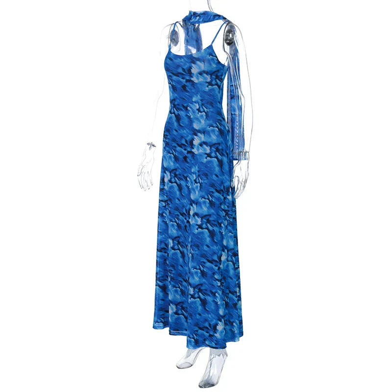 Halter Backless Blue Printed Lace-up Long Dress