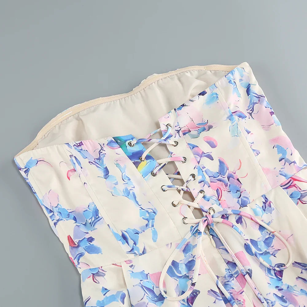 Floral printed strapless back tied rope dress