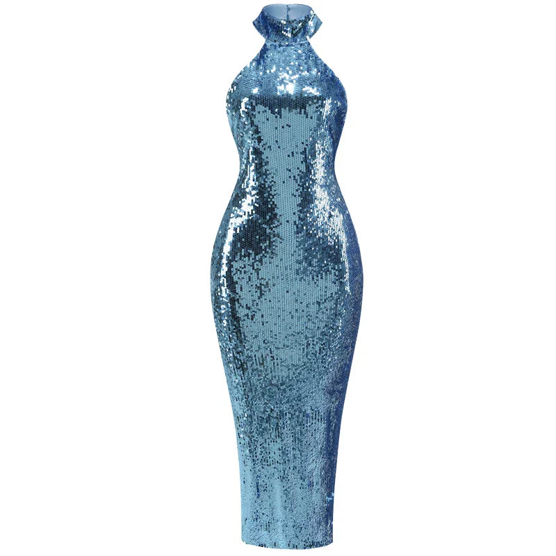 High neck bead wrapped hip skirt slit sequin dress