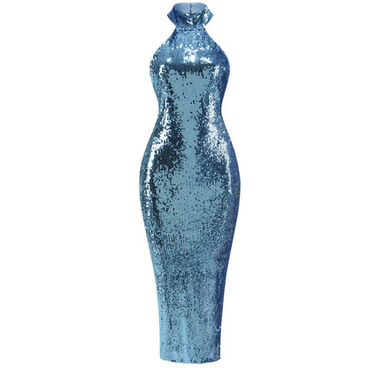 High neck bead wrapped hip skirt slit sequin dress