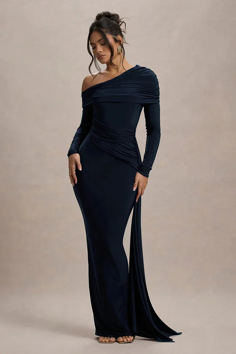 Skew Collar Long Sleeve Maxi Dress