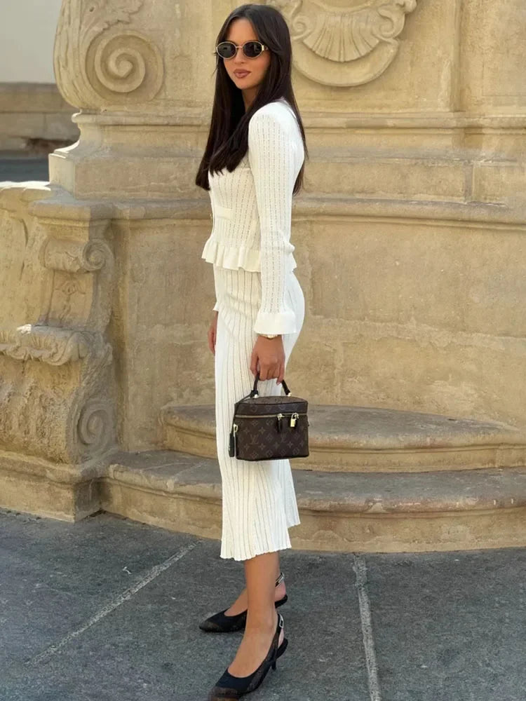 Ruffle Knitted Long Sleeve Mermaid Midi Dress