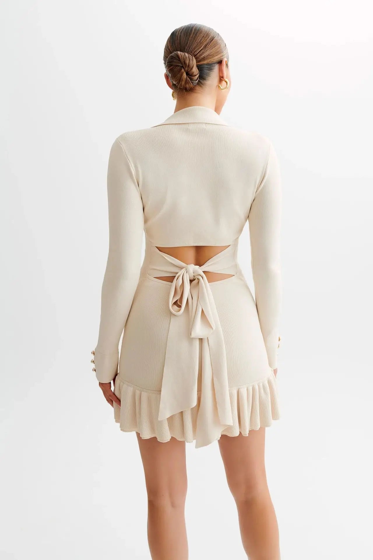 Ruffled Contrast Bow Open Back Lace-Up Knit Mini Dress