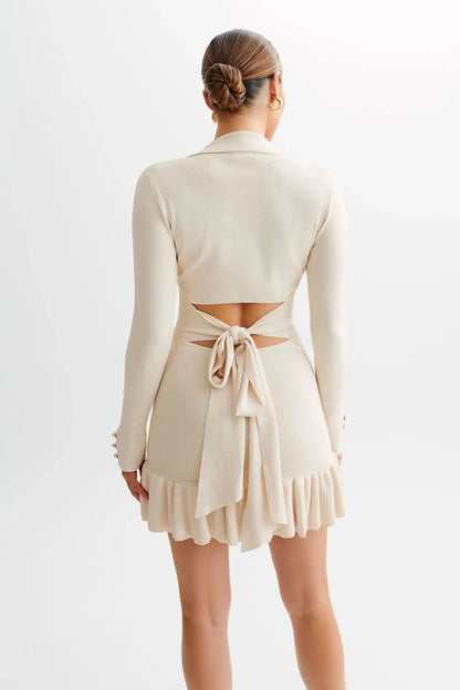 Ruffled Contrast Bow Open Back Lace-Up Knit Mini Dress