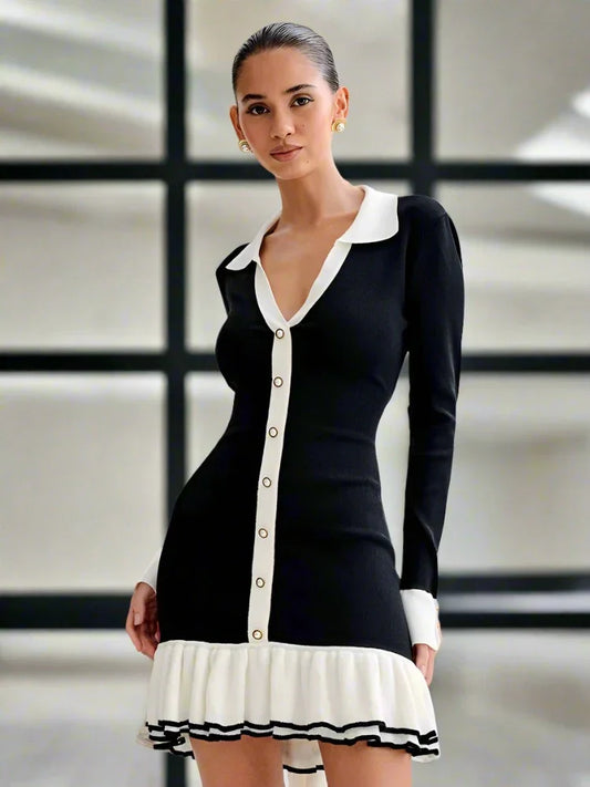 Ruffled Contrast Bow Open Back Lace-Up Knit Mini Dress