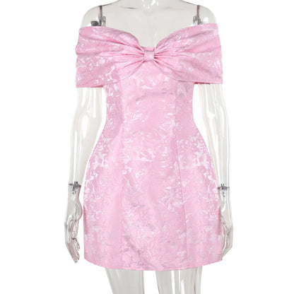 Bow Off Shoulder Backless A-line Jacquard Party Dress