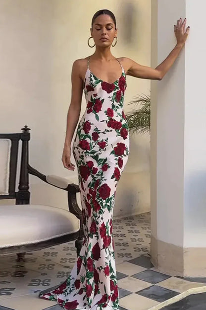 Floral Print Backless Maxi Dress