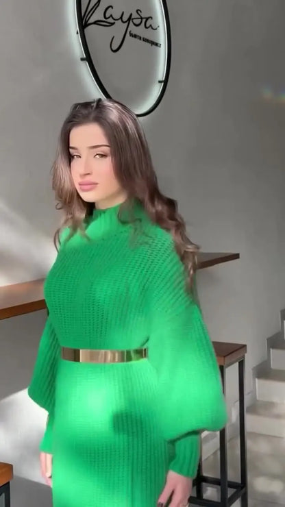 Turtleneck Pullover Solid Sweater Dress With Belt