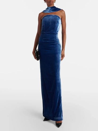 Blue Velvet Halter Sleeveless Maxi Dress