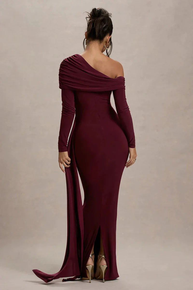 Skew Collar Long Sleeve Maxi Dress