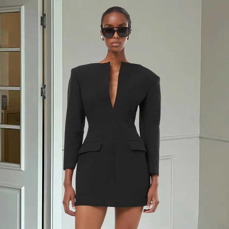 Black Solid Long Sleeve Blazer Dress
