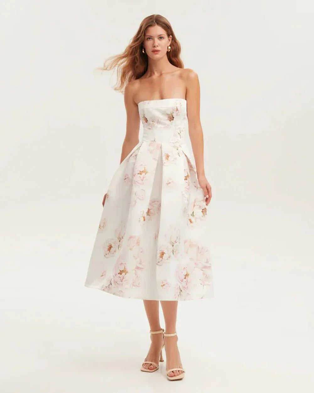 Floral printed strapless back tied rope dress
