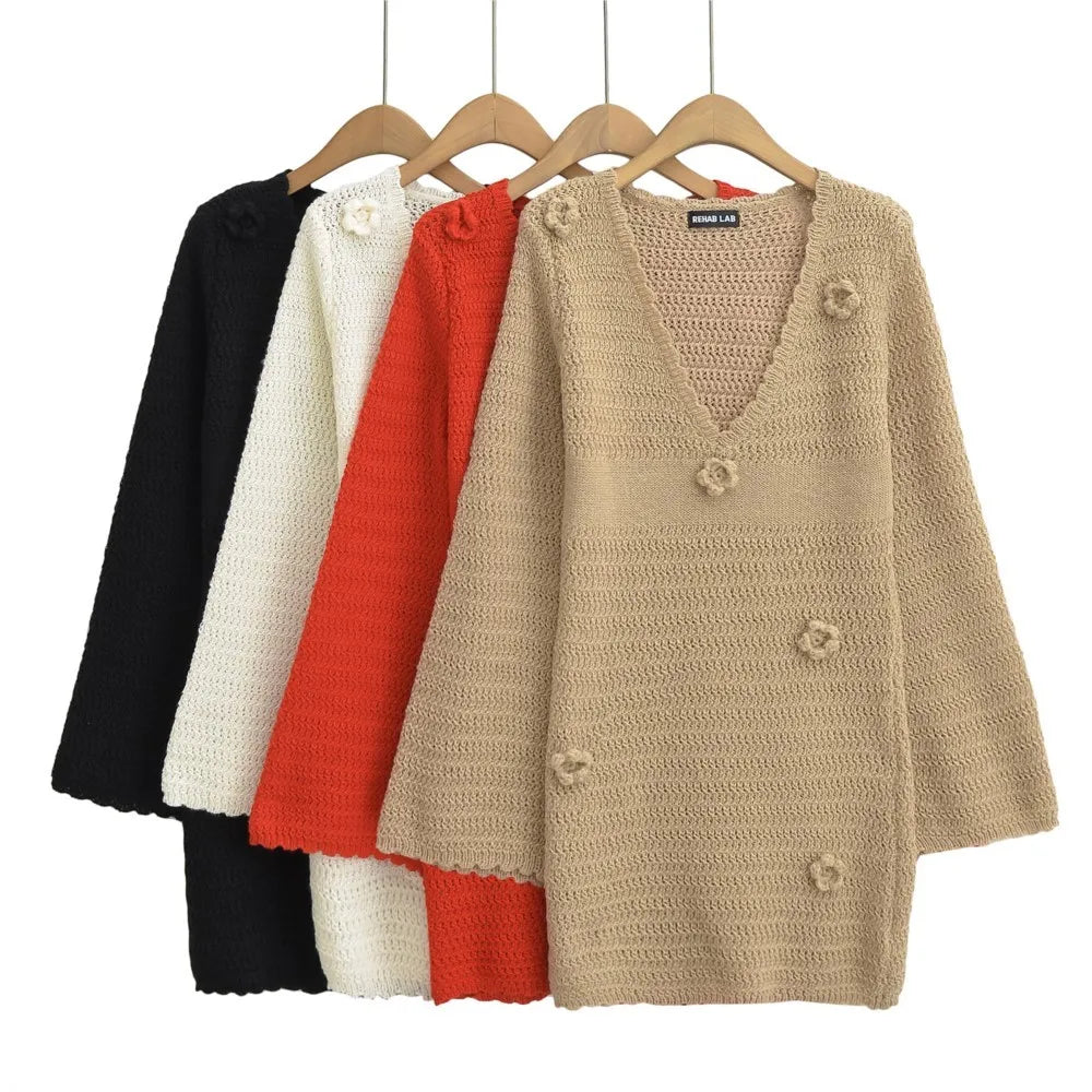 3D Flower Hand Crotch Full Flare Sleeve Sweater Dress