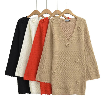 3D Flower Hand Crotch Full Flare Sleeve Sweater Dress