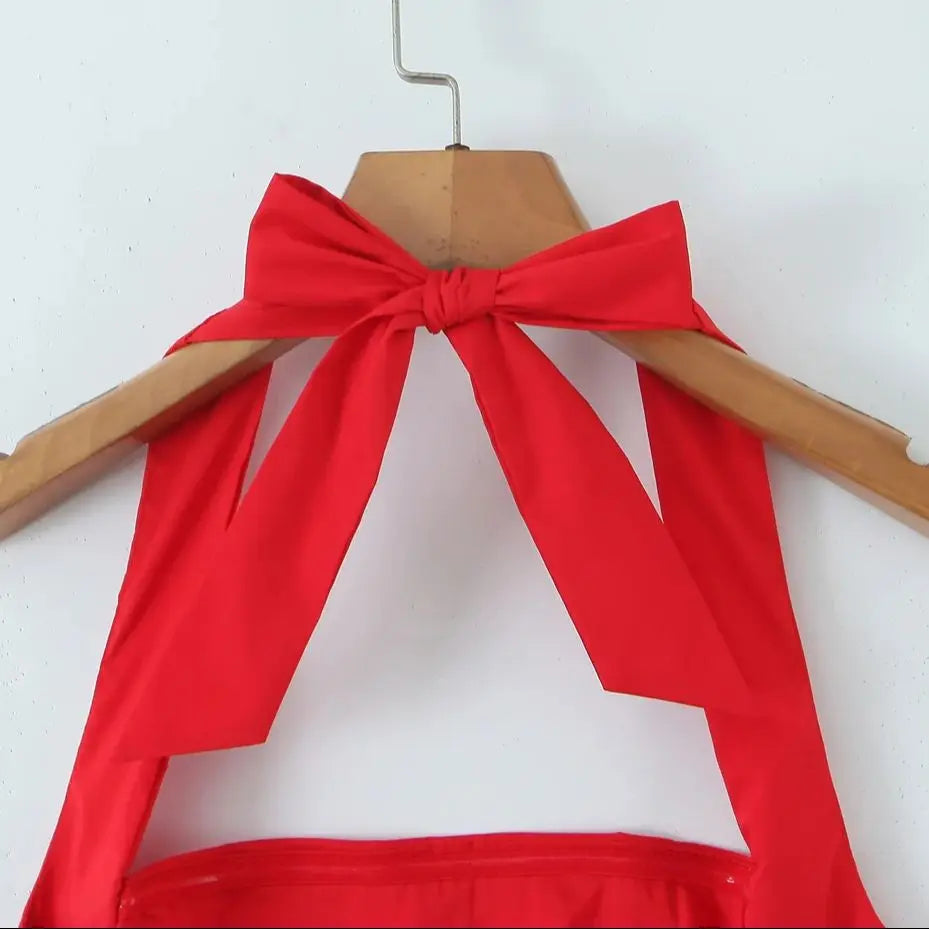 Bow Halter Slash Collar Lacing-Up Back Mini Dress