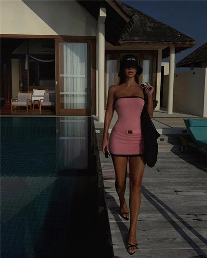 Two-Tone Strapless Ribbed Belt Mini Dress