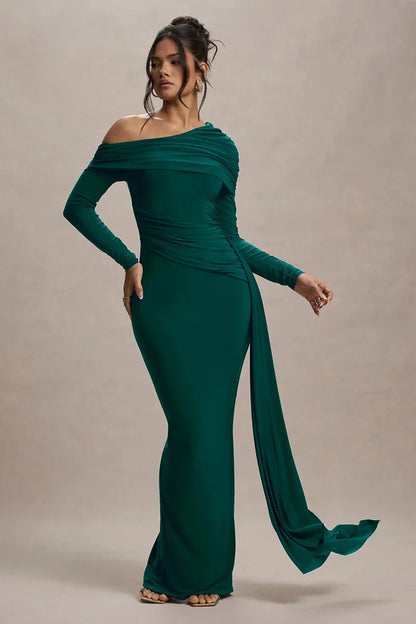 Skew Collar Long Sleeve Maxi Dress