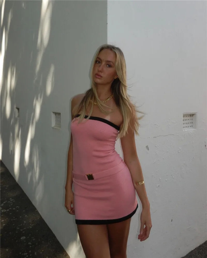Two-Tone Strapless Ribbed Belt Mini Dress