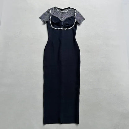 Black Diamante Evening Midi Dress