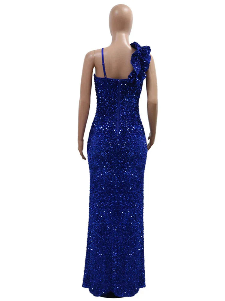 Slit Padded Sequin Strap Long Dress