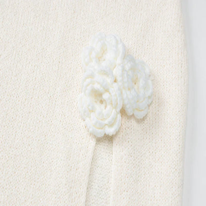 White Knit 3D Flower High Slit Midi Dress