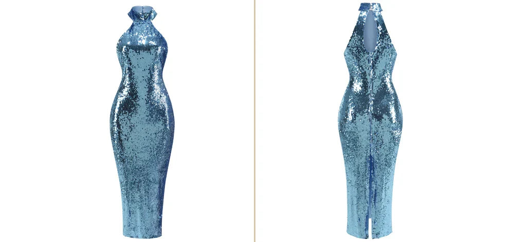 High neck bead wrapped hip skirt slit sequin dress