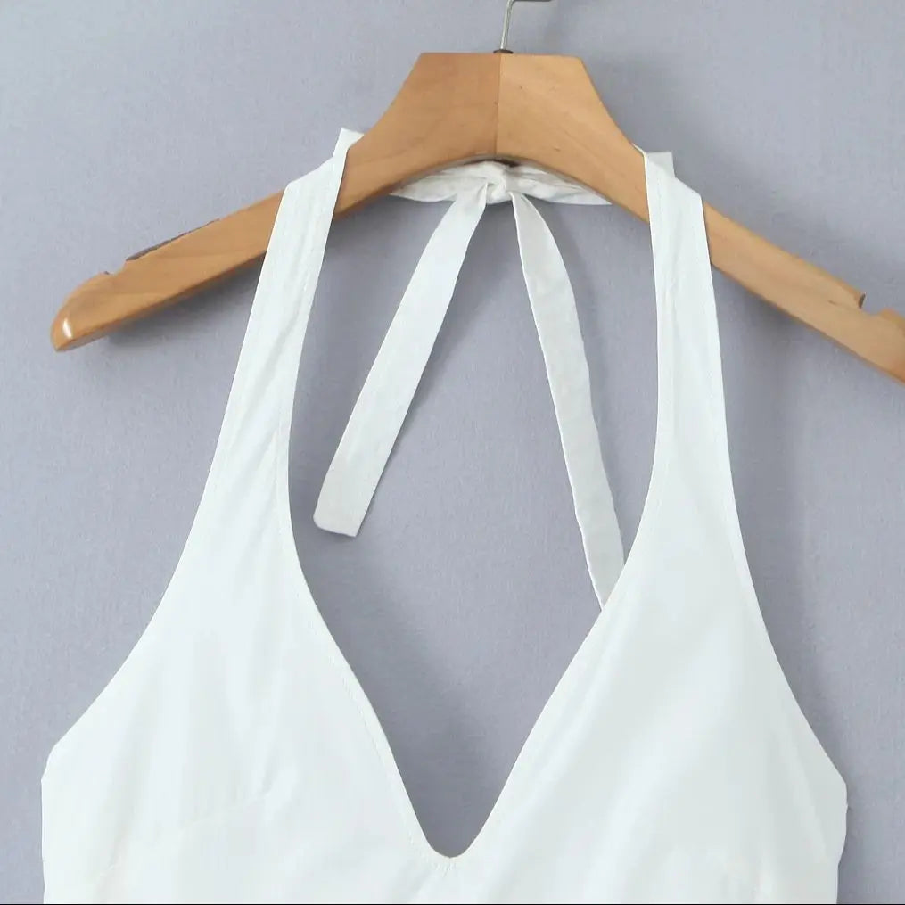 White Bow Halter Neck Pleated Midi Dress