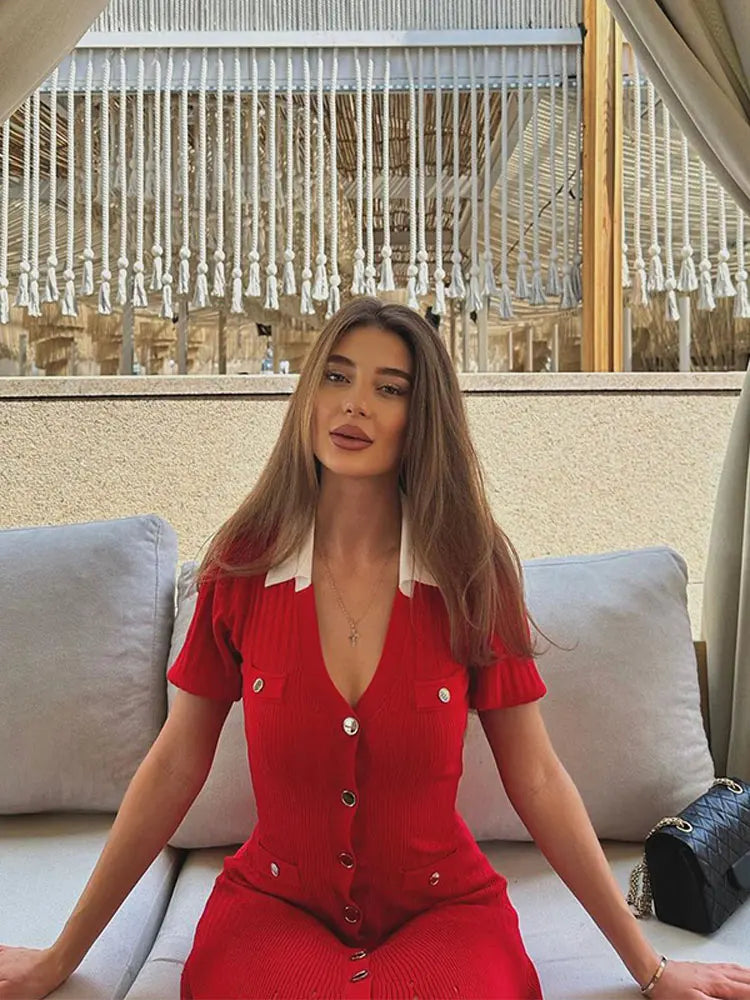 Ribbed Contrast Collar Short Sleeve Buttoned Midi Dress