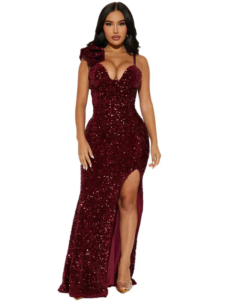 Slit Padded Sequin Strap Long Dress