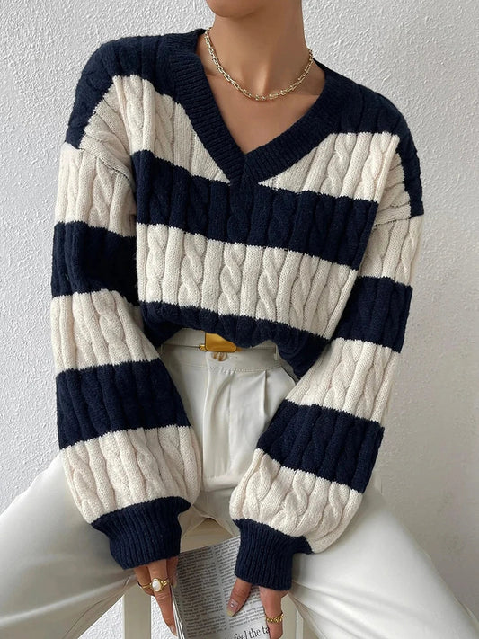 Striped Cable Knit V-Neck Sweater | Relaxed Fit Pullover